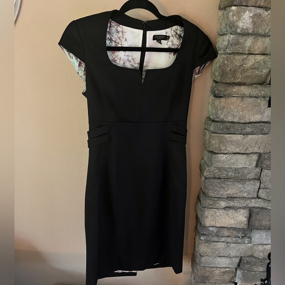 Ted Baker little black dress w/ buckle details & interior silky dragonfly fabric